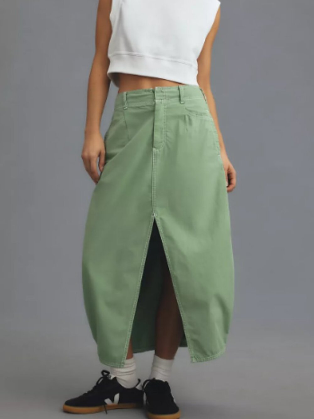 Anthropologie Pilcro Barrel Denim Midi Skirt Size 14 Green Boho Baggy Pockets